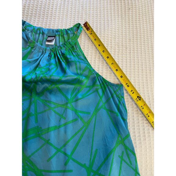 Anni Kuan Blue & Green Tropical Print High Neck Silk Tank/ Blouse Y2K Medium - Picture 9 of 9
